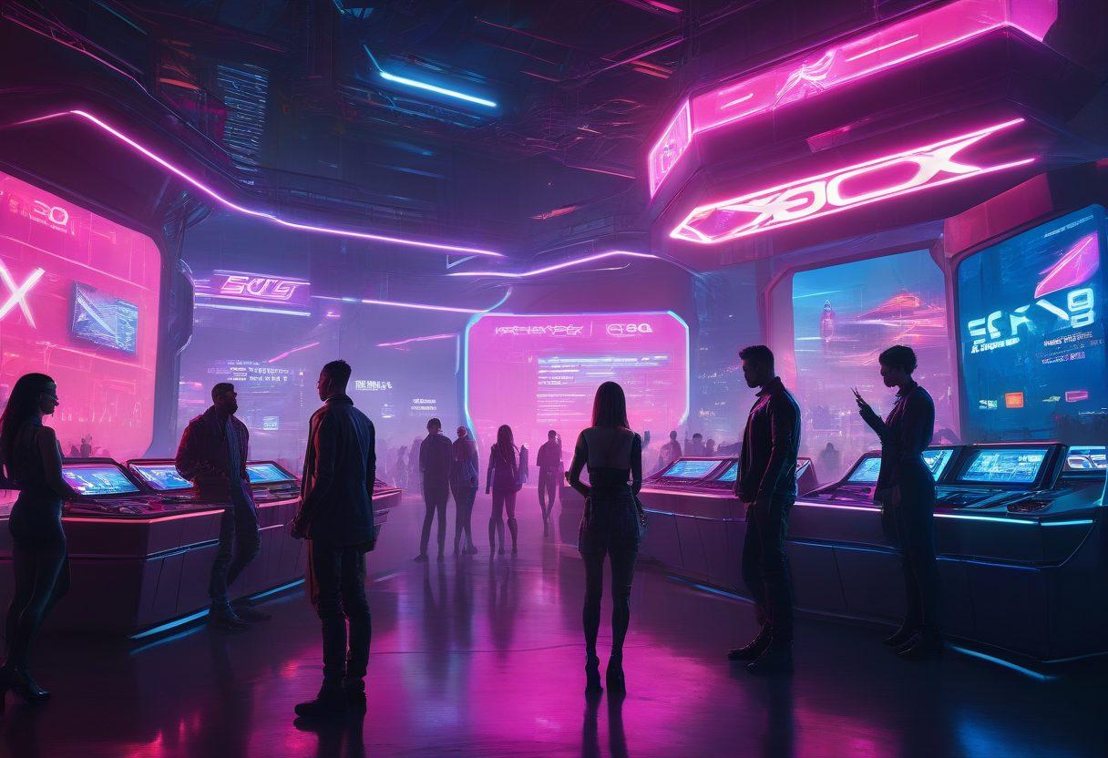 A sleek and modern digital cityscape with neon lights, representing the online adult content industry. In the foreground, a diverse group of confident, stylish individuals interacting with high-tech devices, with a prominent glowing platform labeled 'Sex300' standing out. The scene should be dynamic and futuristic. vibrant colors. cyberpunk. super-realistic.