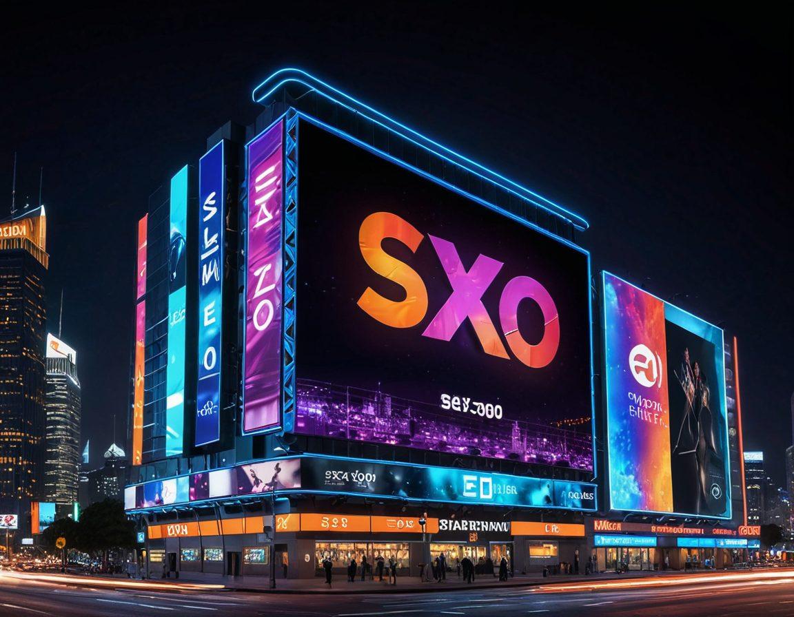 An eye-catching digital billboard showcasing a sleek, modern logo of 'Sex300', emblazoned with neon lights against a night cityscape. Abstract elements symbolizing excitement, freedom, and cutting-edge technology blend with a sophisticated, classy aesthetic. super-realistic. vibrant colors. night city background.