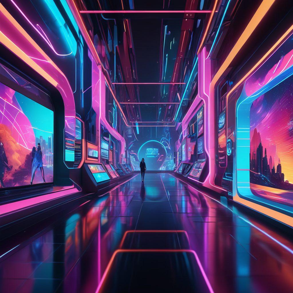 A futuristic digital landscape filled with vibrant, abstract shapes representing adult media elements. Include holographic interfaces, sleek design, and neon lights to give a modern feel. Add diverse avatars interacting with digital content in a dynamic, engaging way. futuristic. neon colors. high-tech aesthetic. vibrant colors.